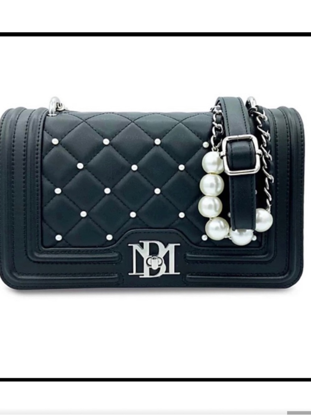 Badgley Mischka Black Quilted Crossbody with Pearl Strap - NWT - NEVER OPENED